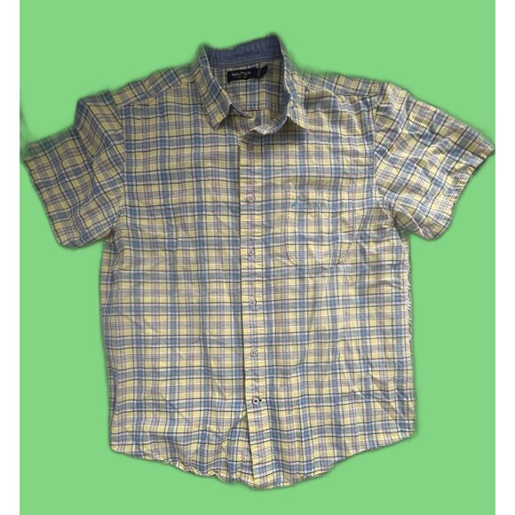 Nautica Men's Short Sleeve Button Up Shirt Yellow Multicolor Plaid Size L - Picture 1 of 10